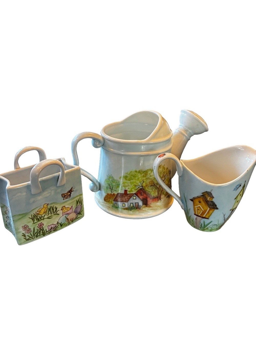 1999 Hand Painted Ceramic Tea Set Watering Can Pitcher Country Farmhouse - Picture 2 of 7
